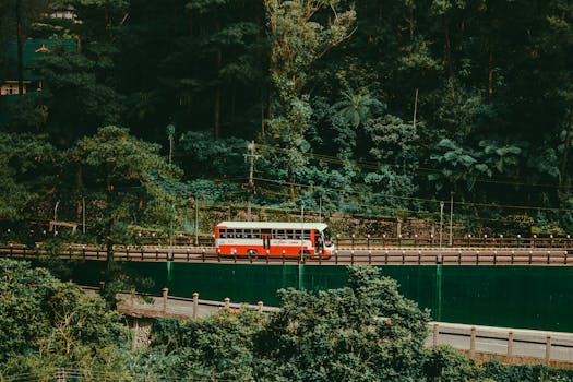 一辆红色巴士驶过一座桥，桥周围是郁郁葱葱的森林和宁静的河流