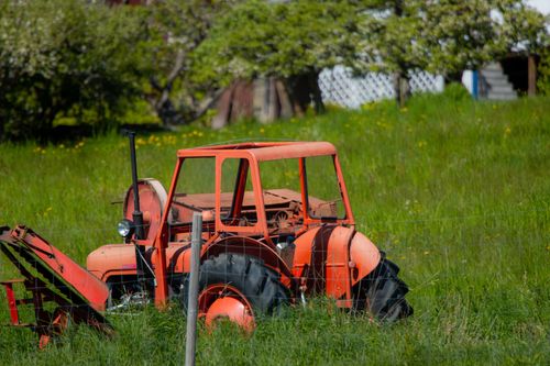 Free A vintage red tractor sits in a lush green field in Jönköping, Sweden, during spring. Stock Photo