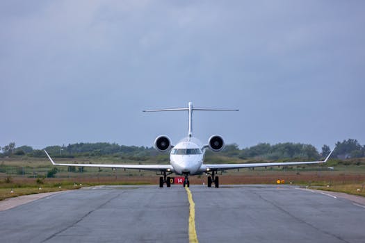 Airplane on runway, surrounded by greenery, under a cloudy sky, preparing for takeoff.