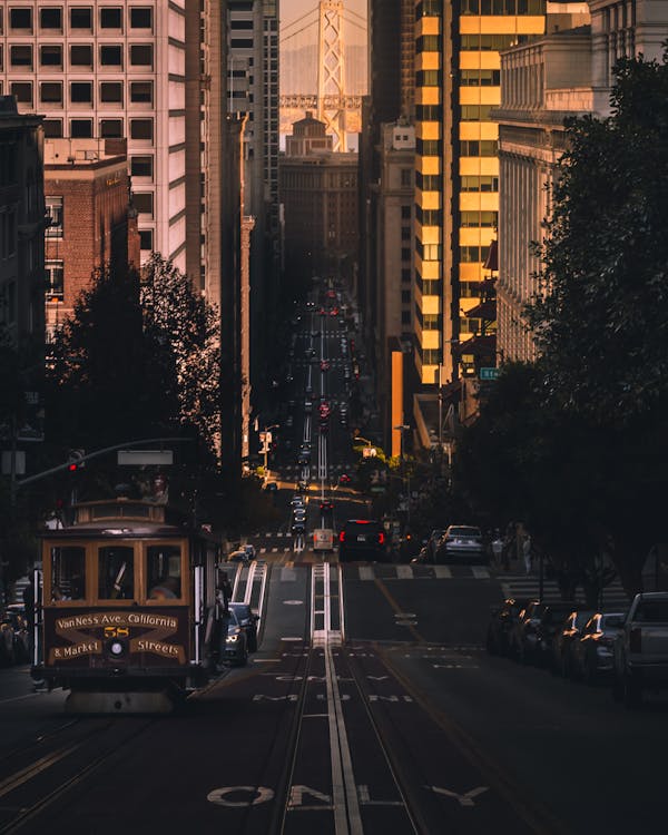 Photo of Vehicles and Tram on Road