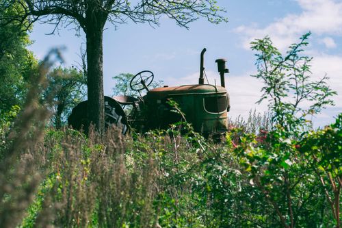 Free An old, rusty tractor amidst wild grass in Córdoba, Argentina countryside. Stock Photo