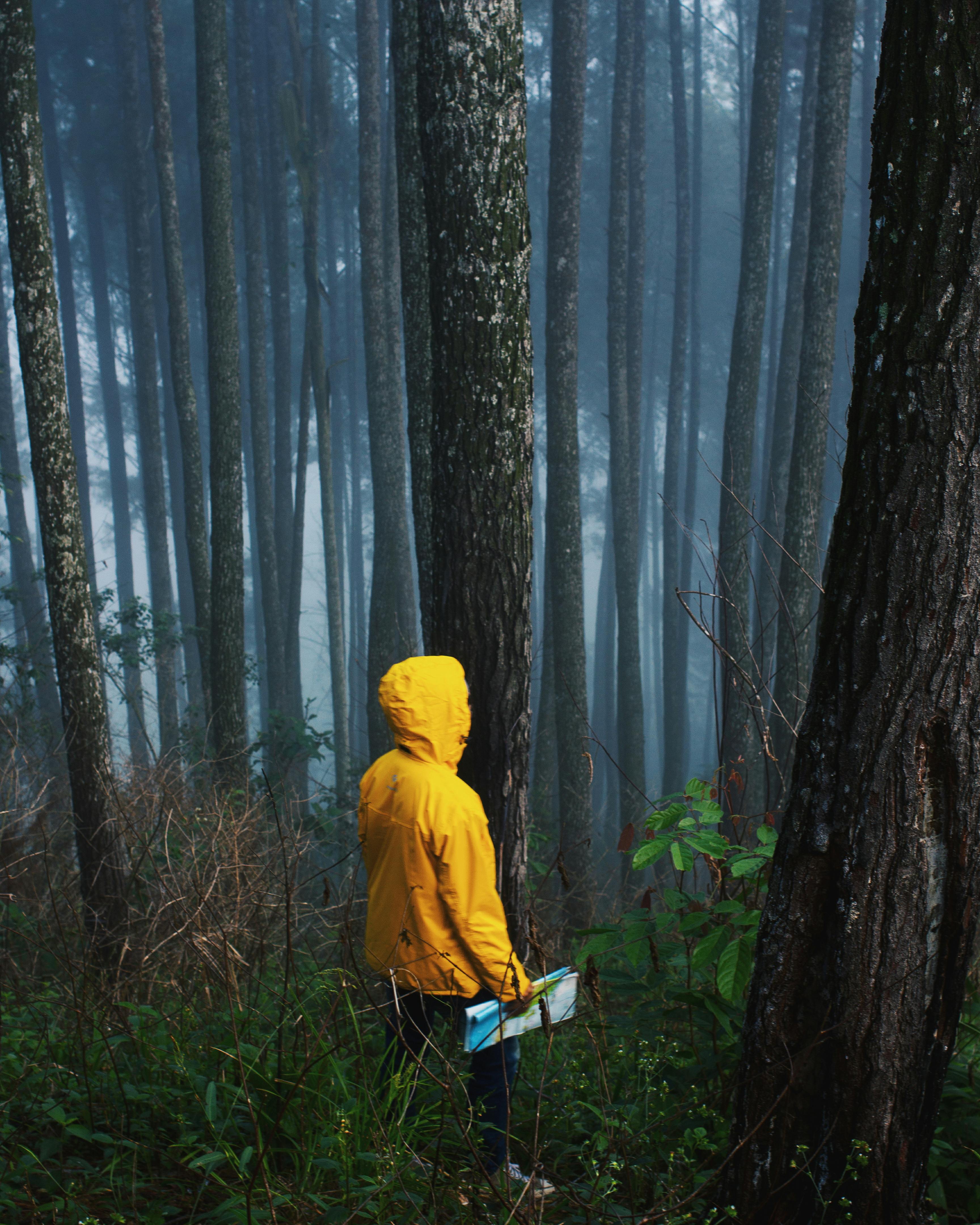 person wearing yellow hooded jacket