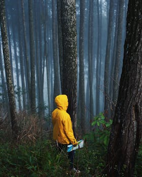 身穿黄色夹克的人在印度尼西亚的雾森林中探索，营造出神秘的氛围