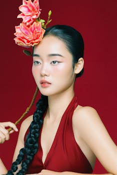 Artistic portrait of an elegant Asian woman holding a flower, showcasing beauty and sophistication.