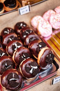 Photo by Alexey Demidov Assorted chocolate donuts topped with Oreo cookies, displayed in a bakery setting.