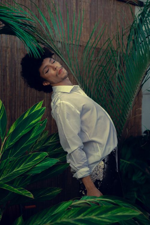 Free Creative portrait of a young adult posing among tropical plants indoors in São Paulo, Brazil. Stock Photo