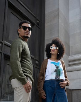Fashionable couple in Buenos Aires showing stylish looks, wearing sunglasses and casual outfits.
