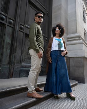 Stylish couple posing on urban steps in Buenos Aires, Argentina.