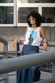Trendy woman in sunglasses poses against an urban backdrop in Buenos Aires.