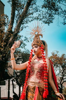 Beautiful Indonesian dancer in traditional costume outdoors with elaborate headdress.
