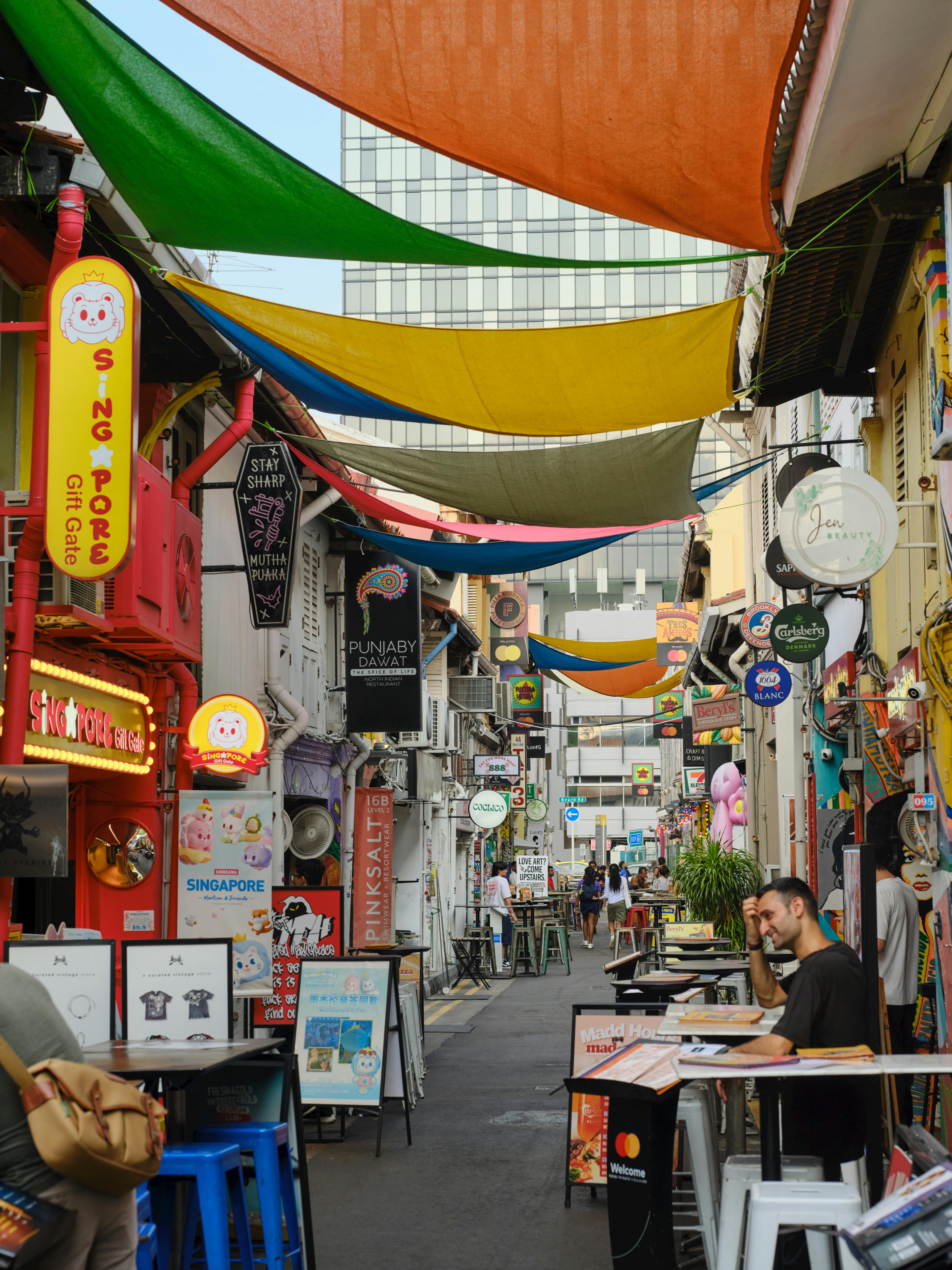Colourful shophouse facades and street murals along Haji Lane, Kampong Glam, Singapore
