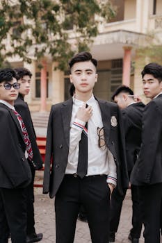 Group of young men in formal suits confidently posing outdoors, showcasing style and sophistication.