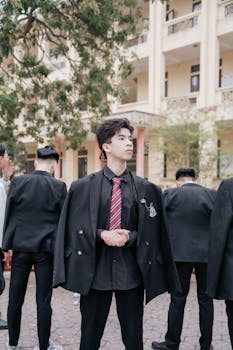 Young men in formal suits stand in front of a building, outdoors, during daytime.