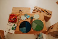 Flat Lay of Painting Tools on Wooden Box Surfaces