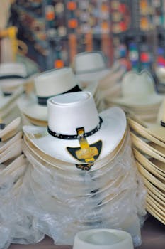A neat stack of white cowboy hats displayed in a store setting.