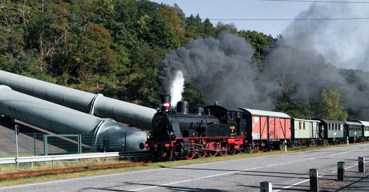 Un train à vapeur d'époque traversant Geesthacht, capturant la nostalgie et le patrimoine ferroviaire.