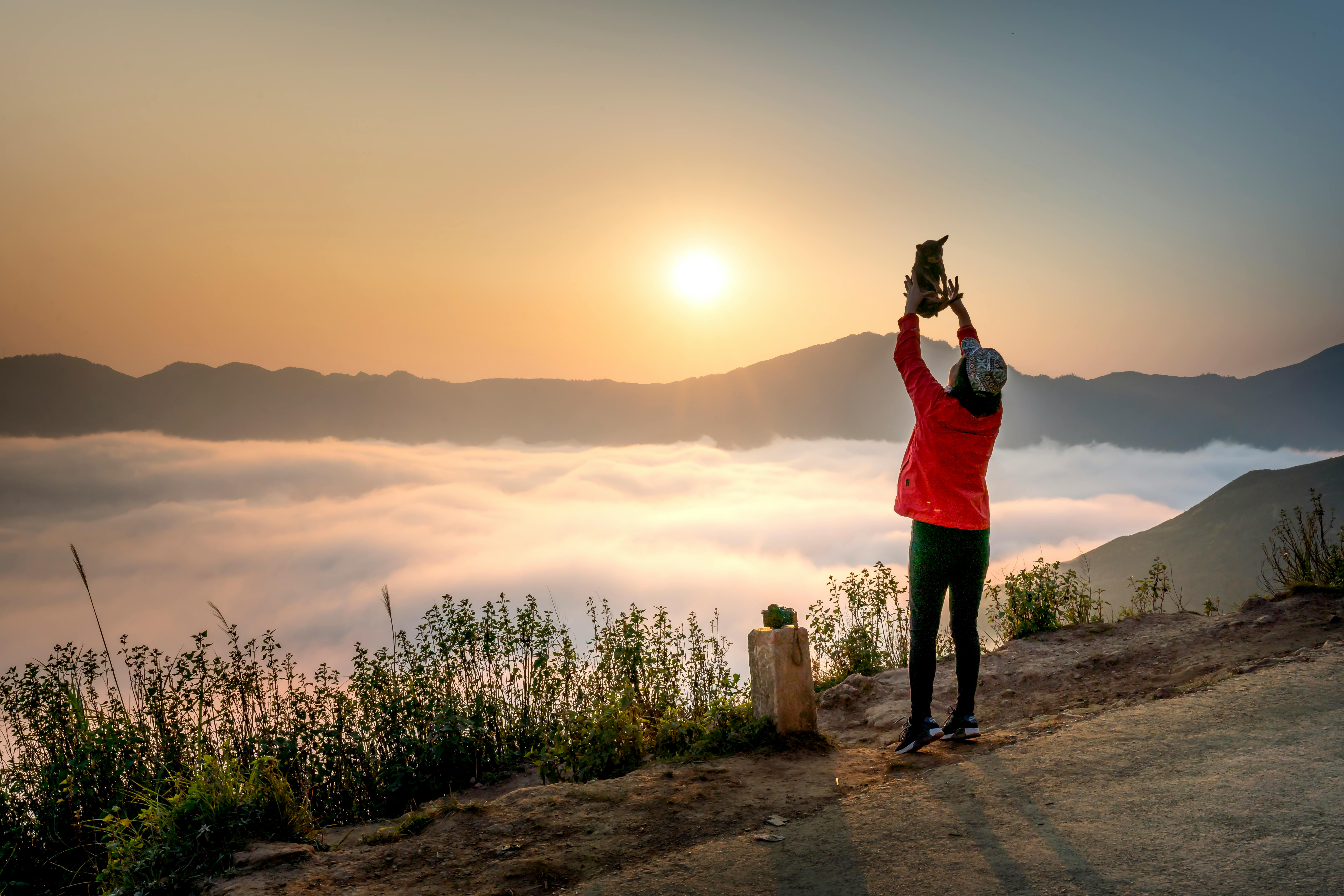 一个人高兴地牵着狗，对着山脉上冉冉升起的太阳