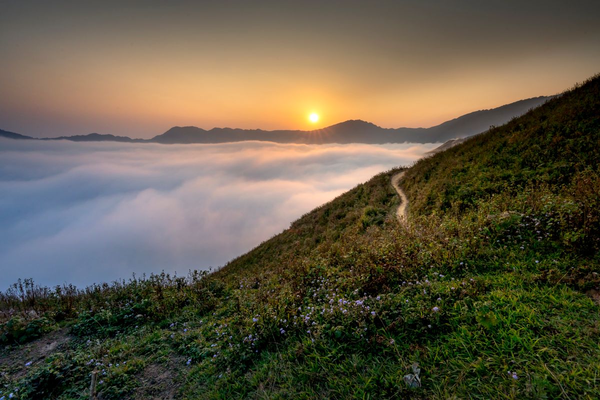 A trail climbing toward sunrise above a sea of clouds, representing clarity, discipline and forward momentum