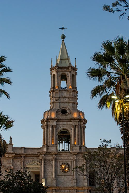 Free Majestic church bell tower with palm trees during sunset, photo taken in a historic city. Stock Photo