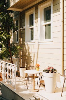 Charming outdoor patio with table, chairs, and plants in the warm sunlight.