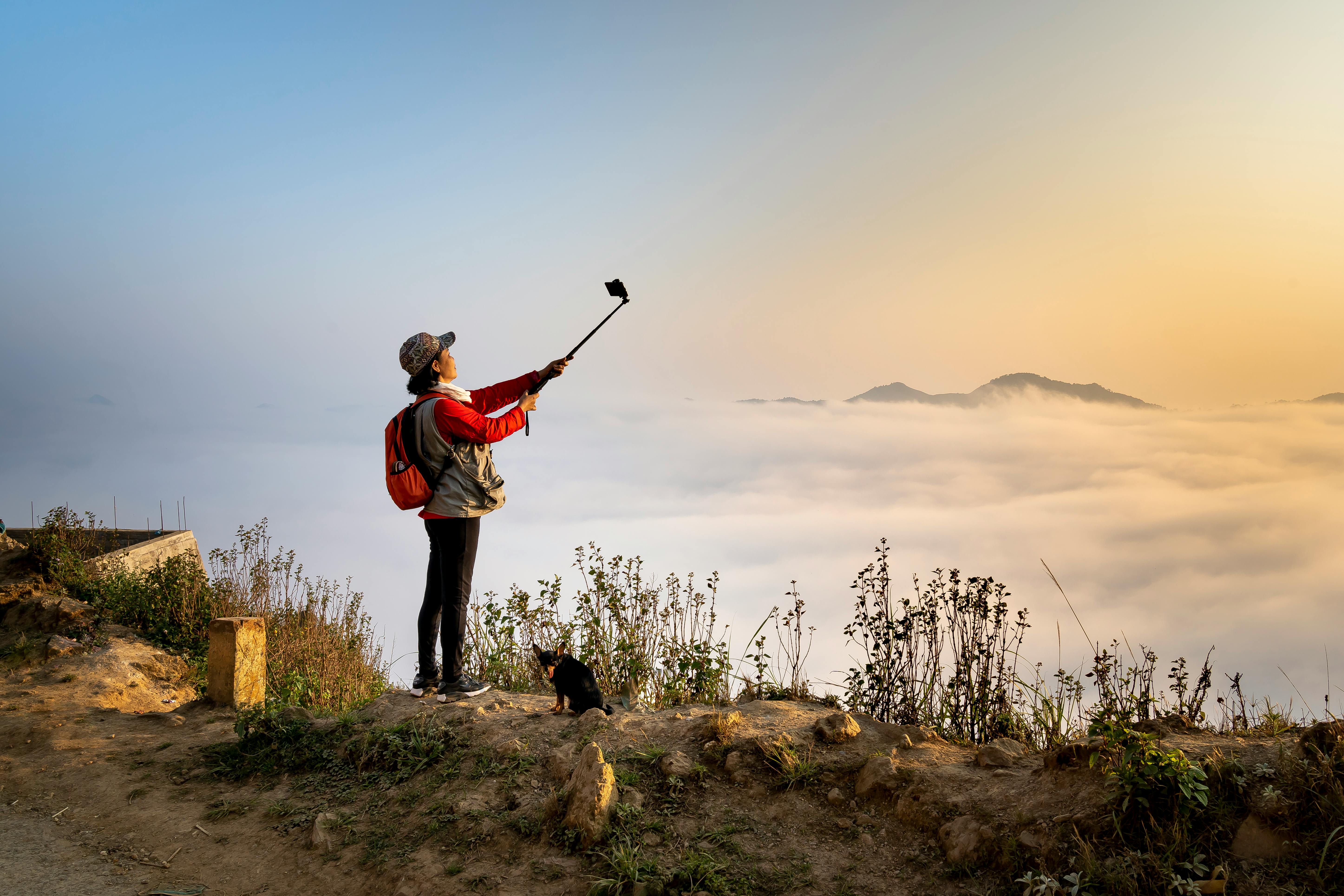 日出时分，一名女子带着她的狗在山顶合影，四周云雾缭绕