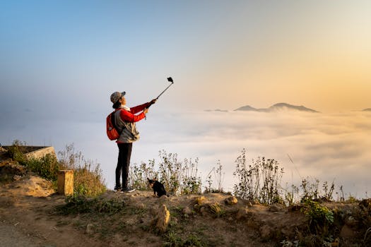 日出时分，一名女子带着她的狗在山顶合影，四周云雾缭绕