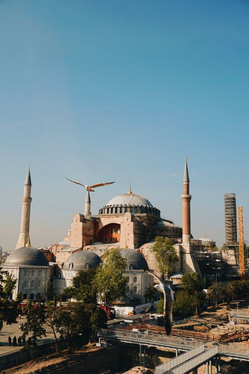 Free A stunning view of Hagia Sophia's architectural beauty in Istanbul under a clear blue sky. Stock Photo