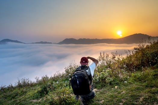 一名摄影师跪下来，拍摄雾蒙蒙的山脉上那令人惊叹的日出