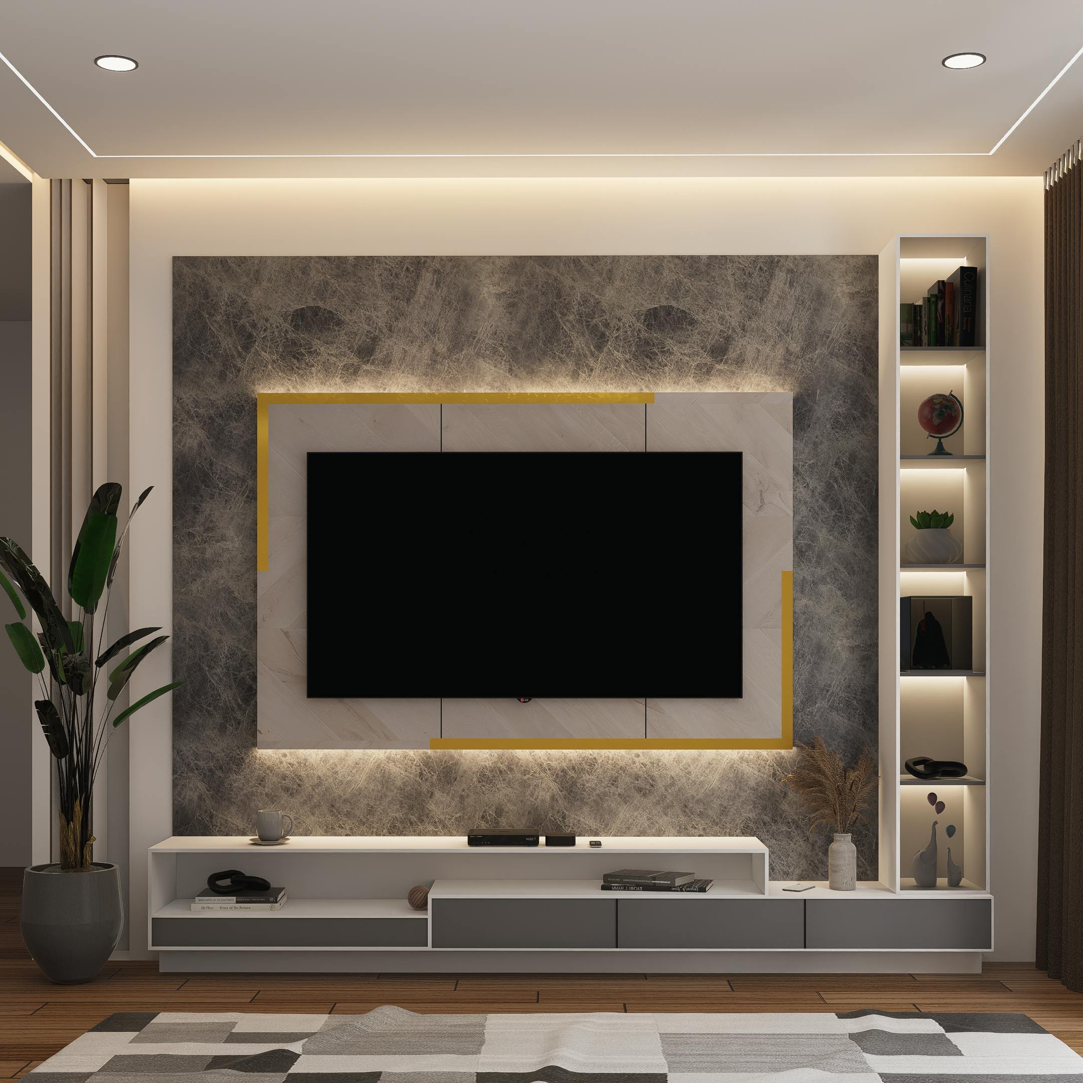 Soggiorno moderno con parete TV illuminata a LED e scaffali decorativi