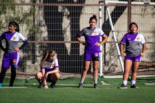 Group of female soccer players warming up on the field, preparing for a game.