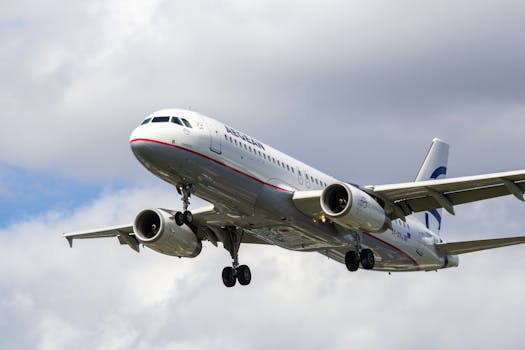Passenger airplane landing at Frankfurt, captured against a clear sky, showcasing aviation technology.