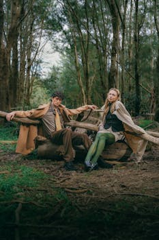 A fashionable couple sitting on logs amidst a dense green forest, exuding a vintage vibe.
