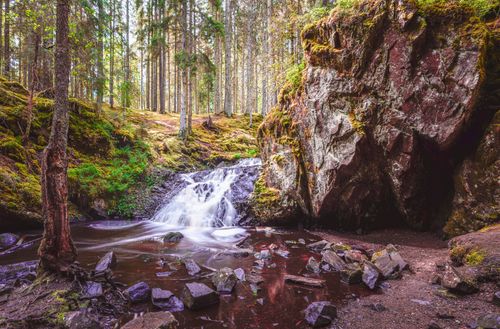 Free Peaceful waterfall cascading through a lush forest in Jönköping, Sweden. Stock Photo
