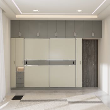 Minimalist interior featuring a sleek sliding wardrobe and contemporary design.