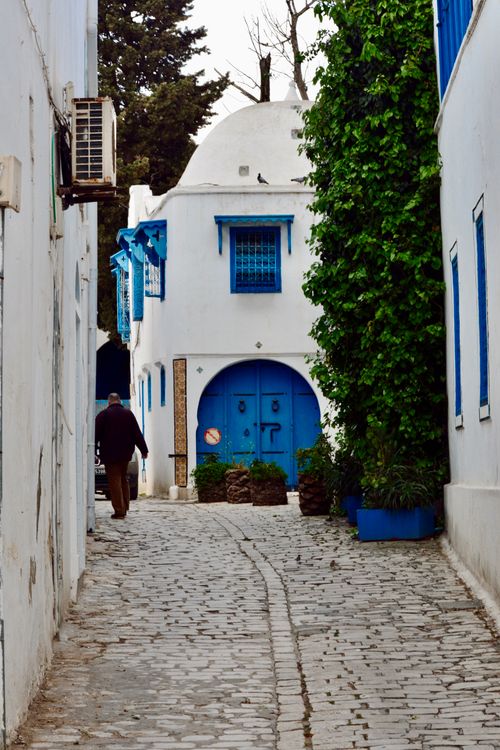 Free Picturesque cobblestone alley with whitewashed walls and blue accents in Sidi Bou Said, Tunisia. Stock Photo