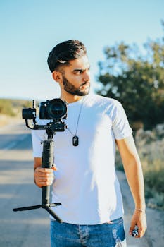 阳光下，一名年轻人手持相机稳定器站在户外