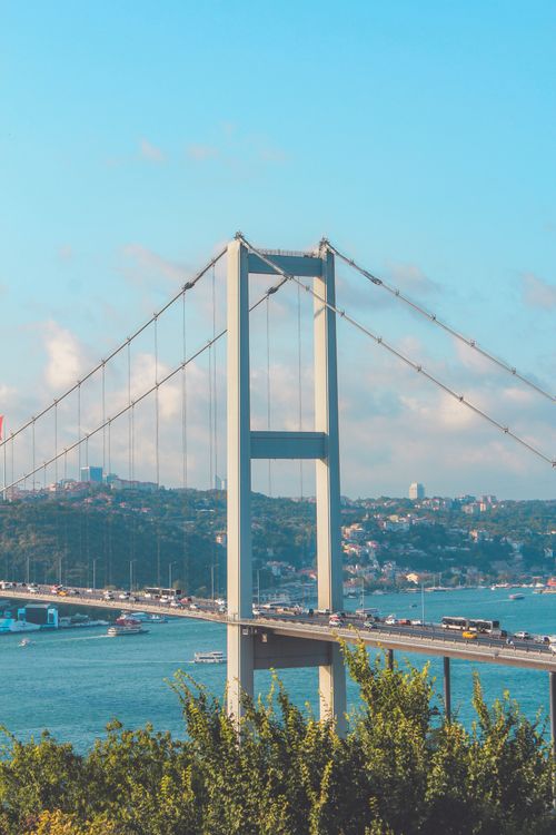 Free Scenic view of the Bosphorus Bridge in Istanbul, highlighting its iconic architecture against a clear sky. Stock Photo