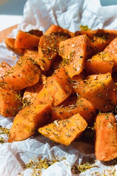 Close-up of delicious baked sweet potatoes seasoned with herbs, perfect for a healthy meal.