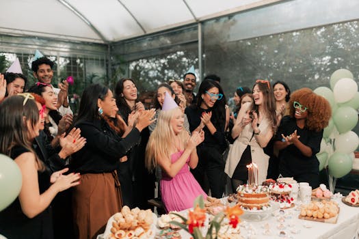Joyful indoor birthday party with friends, laughter, and a decorated cake. Perfect for celebration themes.