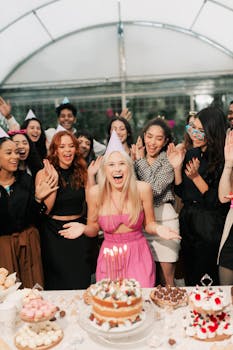 A cheerful birthday celebration with friends gathered around a cake indoors.