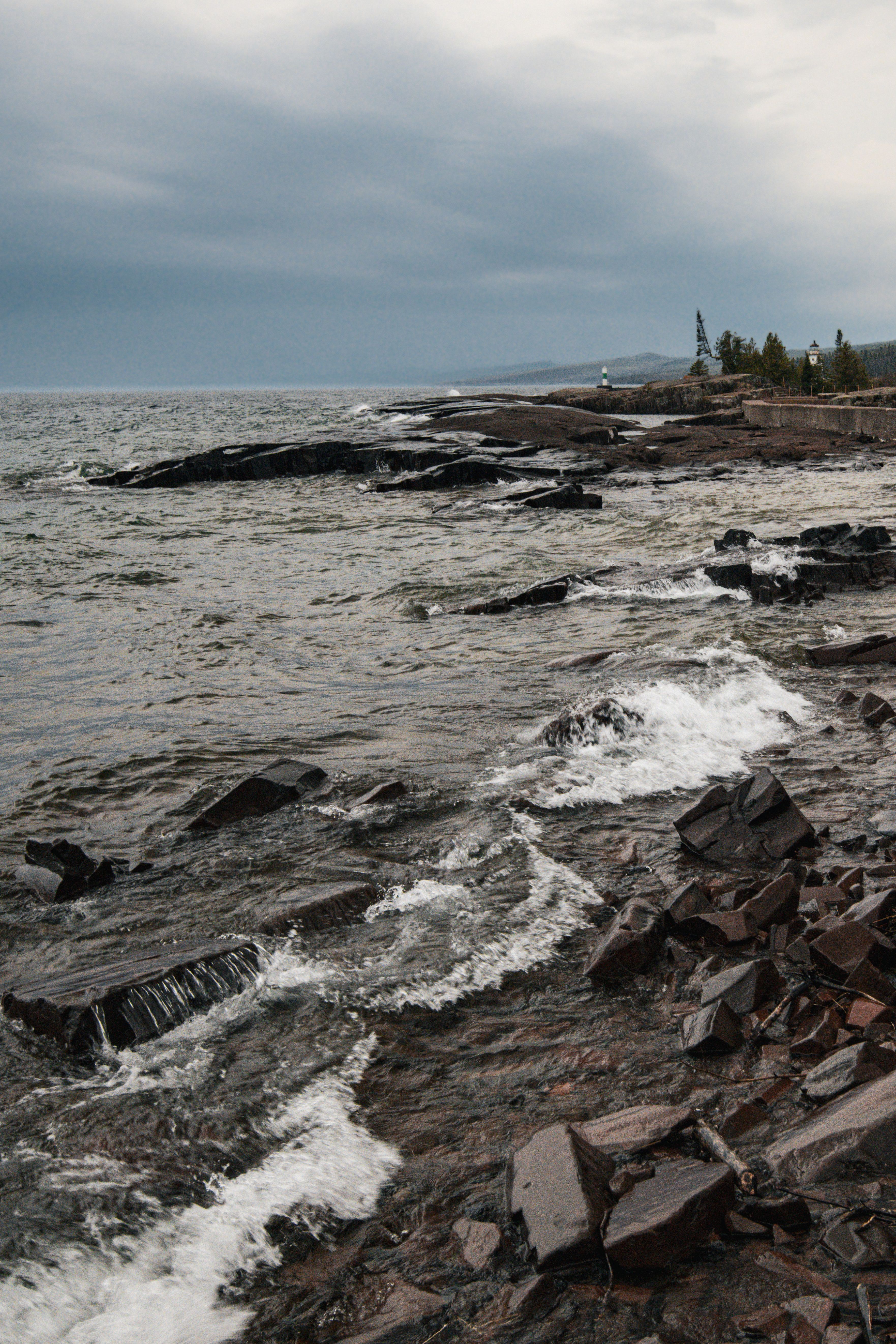 Waves on Lake Superior rocky shore in Minnesota