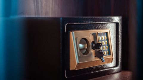 Close-up image of an electronic safe with a key in Baghdad, Iraq.