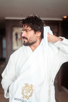 Portrait of a man in a bathrobe, drying hair at a Baghdad boutique hotel.