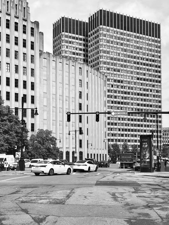 Black and White Urban Intersection with Skyscrapers · Free Stock Photo