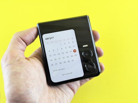 Close-up of a hand holding a flip smartphone with a calendar on screen against a vibrant yellow background.