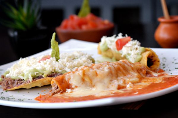 Enchiladas and tacos plated with cheese and guacamole — photo by Dave Garcia on Pexels
