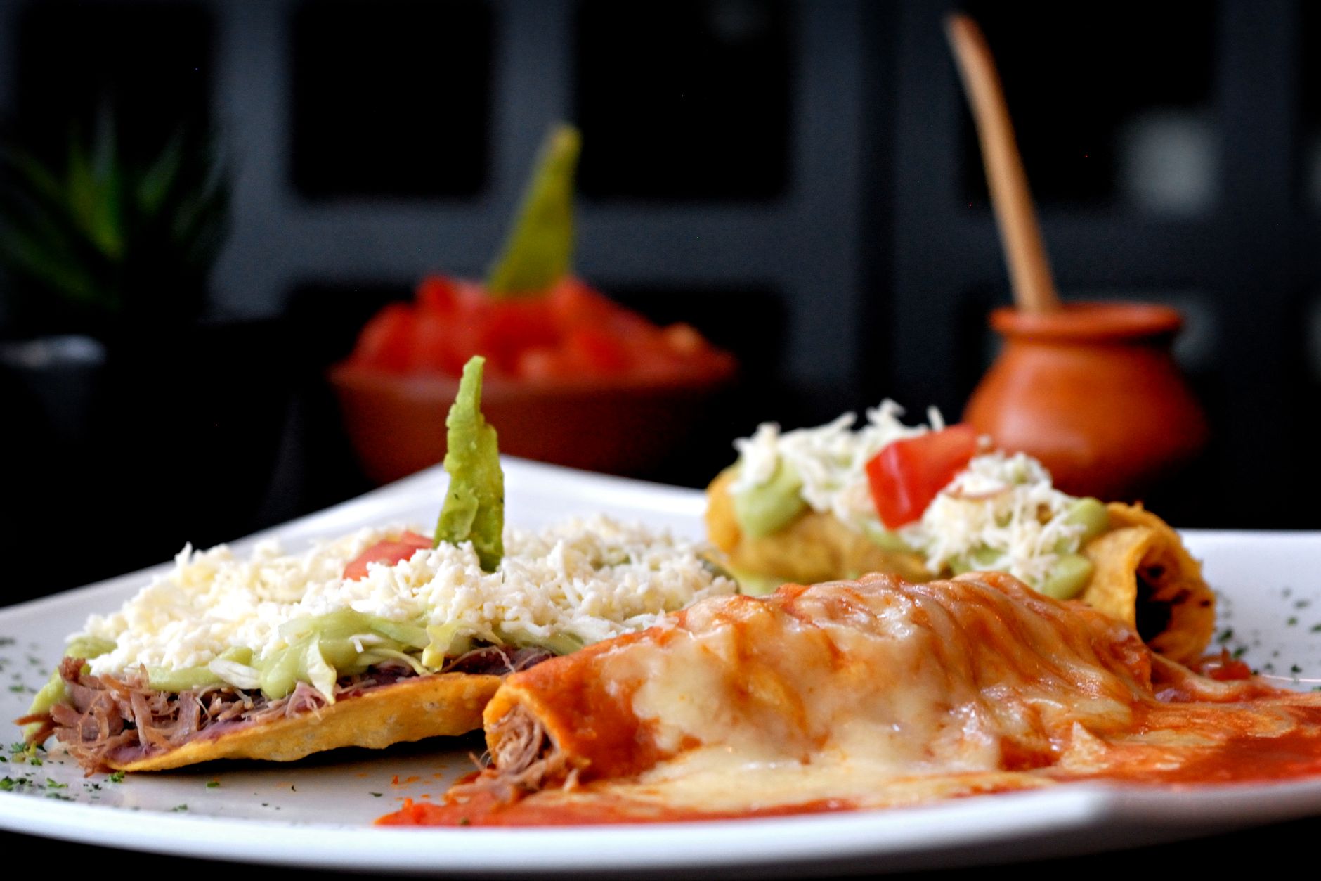 Finished baked enchiladas ready to serve, sauced and garnished
