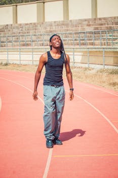 A young adult smiling on an outdoor track, embracing the sunlight in casual athletic wear.