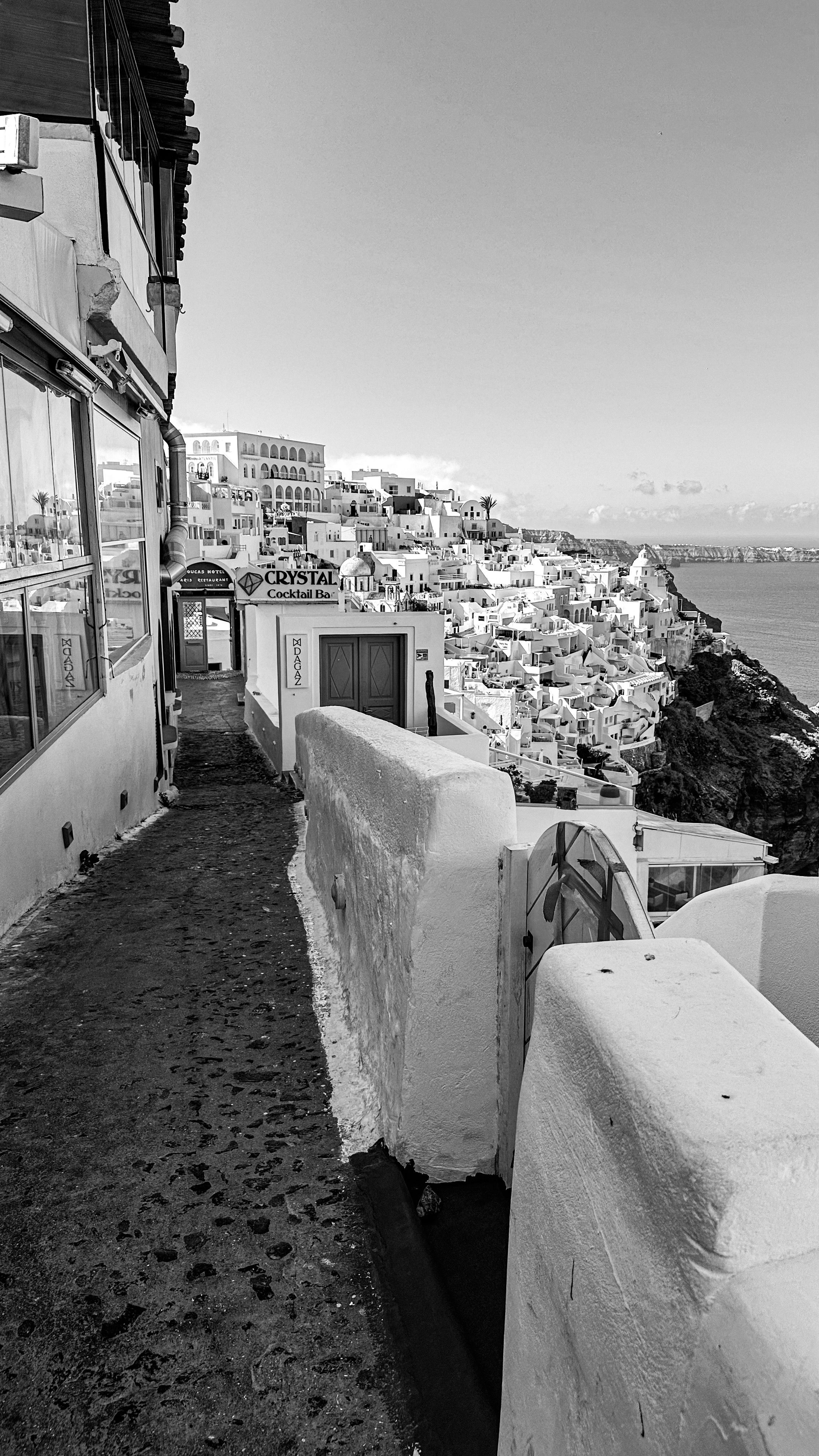 Beautiful black and white view of Santorini's iconic architecture with a coastal backdrop.