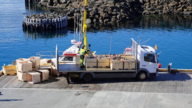 Truck loading seafood crates at a pier in Iceland with a crane, set against a rocky coastal backdrop.